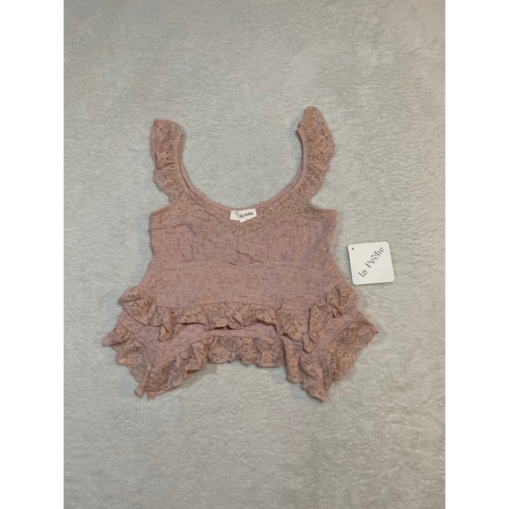 La Peche Pink Smocked Lace Ruffle Crop Top XS New with Tags Boho Coquette